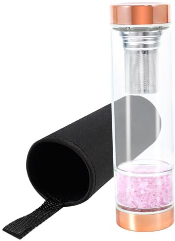 soulnioi Healing Crystal Glass Water Bottle, Natural Gravel Gemstone Crystal Water Bottle Healing Glass Bottles with Tea Strainer&Protective Cup Cover, for Spiritual Healing (Rose Quartz)