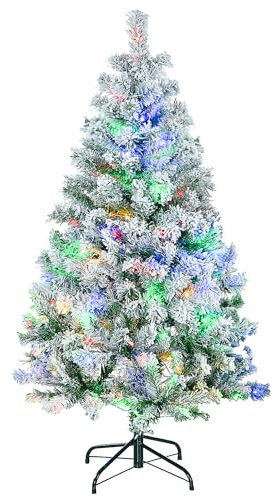 HOMCOM 4.5ft Pre Lit Snow Flocked Artificial Christmas Tree Holiday Décor with 150 Warm White or Colourful LED Lights and 311 Tips, Steel Base