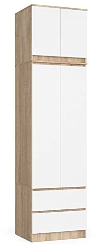 AKORD Kleiderschrank S60 mit Erweiterung 60 cm | mit 2 Türen und 2 Schubladen | Kleiderschrank mit Auszug | Geräumiger Innenraum | B60 x H234 x T51 cm | Gewicht 78,05 kg | Sonoma Eiche/Weiß