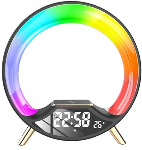 HLGKBY Wireless Charger Atmosphere Lamp, Sunrise Wake Up Light, Dimmable & Bluetooth Speaker, Temperature Display/Fm Radio/Alarm Clock/Snooze Function for Bedroom Home Decor