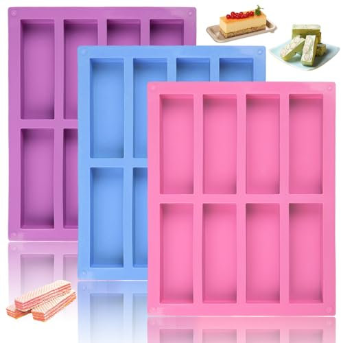 HIKPACKER 3PCS Moule Barre De Céréales 8 Cavités Moule Financier Silicone, Moule A Financier, Moule Silicone Barre De Céréales Rectangulaire Pour Savons, Barres Énergétiques, Barres De Céréales