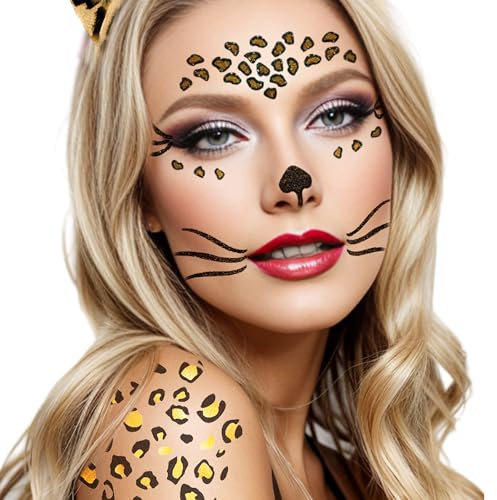 Reskribe Temporäre Tattoo Aufkleber Gepard Leopardenmuster Leopardengesicht Abnehmbare Aufkleber Für Frauen Kunst Party Dekoration Halloween Kostüm Schwarz Und Gold