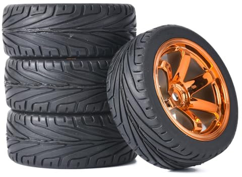 RC Auto Reifen und Räder Set,KINGCOO 4Stück 65mm Gummireifen und Kunststoff Räder 6 Speichen Felgen 12mm Hex für 1/10 RC On-Road Touring Racing Auto für HSP HPI Kyosho Tamiya (Orange)