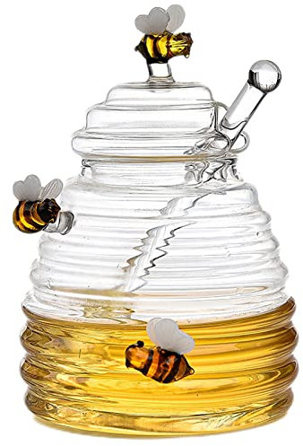 Genikeer Honey Jars With Lid And Honey Stick, Clear Honey Glass Dispenser, Transparent Honey Pot Container With Honey Spoon, Unique Beehive Shape Honeypot, Glass Honey Bottle For Home Kitchen