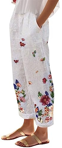 Sommerhose Damen Leicht 7/8 Leinenhose Sommer High Waist Hosen Elegant Stoffhose Frauen Linen Jogginghose Luftig Hose Mit Tunnelzug Taschen Lockere Baumwolle Boho Strandhose Pumphose (2-Red, XL)