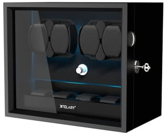 XTELARY Uhrenbeweger für 4 Automatikuhren, Abschließbarer Automatikbeweger mit Extra 4 Uhrenfächern, 4 Rotationsmodi, Flexible Uhrenkissen, Leiser Mabuchi Motor und Blaue Hintergrundbeleuchtung,Black