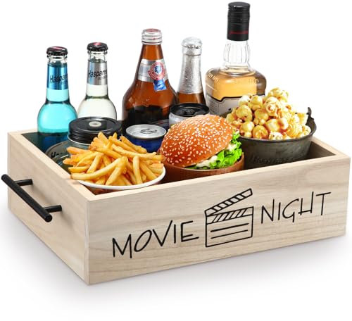 Threehoney 15 Inch Movie Night Snack Trays with Handles Wooden Snack Popcorn Bowl Organizer Box Movie Night Supplies Candy Food Storage Trays Bin Basket for Movie Theater Family Birthday Party