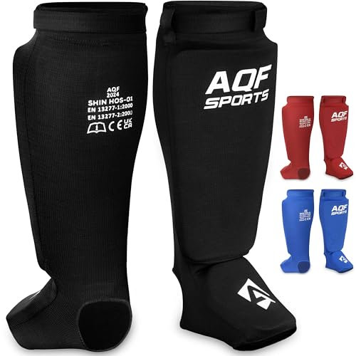 AQF Schienbeinschoner Kickboxen - CE UKCA SATRA Genehmigt Muay Thai Schienbeinschützer - Eva Gepolstert MMA Spannschützer Bein Unterstützung Fuß Shin Guard für Karate, Kampfsport (Schwarz, S)