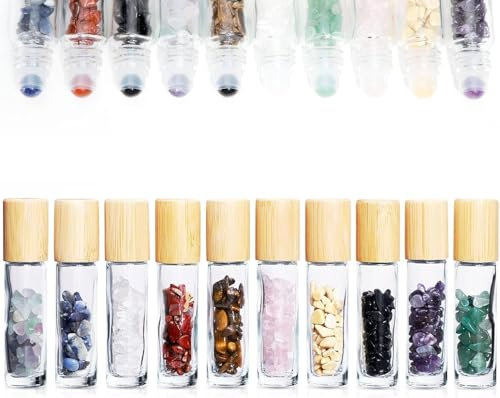 10 Stück 10ml Edelstein Rollerflaschen, Probenflaschen mit Bambusverschlüssen, heilende Kristallsplitter im Inneren für ätherische Öle, Parfüme, Aromatherapie