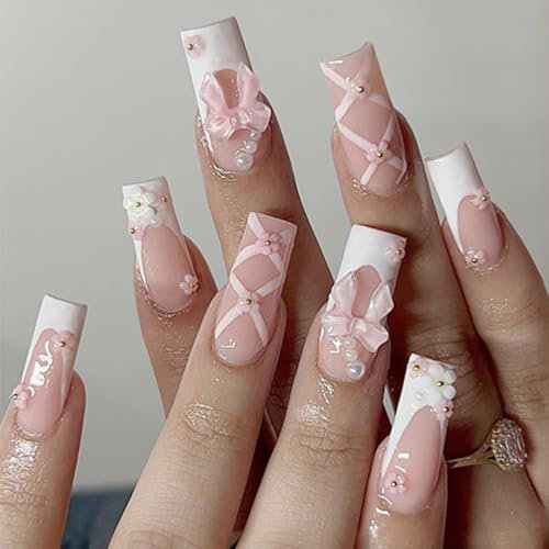 24 Pièces Français Ongles à Faux Rose Blanc, Ongles à Presser Carrés avec Nœud 3D et Fleurs, Faux Ongles à Couverture Complète, Ongles Artificiels Pointe, Press on Nails, French False Nails