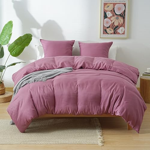 MOHAP Parure de Lit 4 Pièces Housse de Couette 200x200cm + Drap Housse 160x200cm Bonnet 30cm + 2 Taies d'oreiller 65x65cm 2 Personnes Ensemble Housse de Couette Vieux Rose Léger 80 Fils/cm² Microfibre