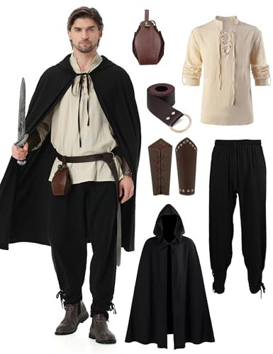 Dzorim Mittelalter Kleidung Herren Set Renaissance Kostüm Mittelalterliches Piratenhemd Mittelalter Hose Viking Kostüm mit Mantel, Gürtel, Handgelenkschützer, Goldmünzenbeutel