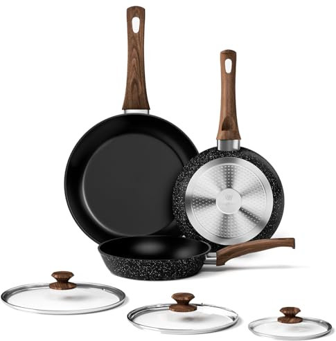 Innerwell Pfannenset mit Deckel 3-teilig, Bratpfannen 20 cm, 24 cm und 28 cm, Pfannen Induktion mit Keramik Antihaftbeschichtung in Profiqualität, Backofenfest, PFOA-frei, Spülmaschinenfest, Schwarz