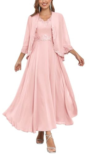 Robe longue mère de la mariée pour femme avec veste 2 pièces en mousseline de soie formelle robe d'invité de mariage, rose, 52 Grande taille
