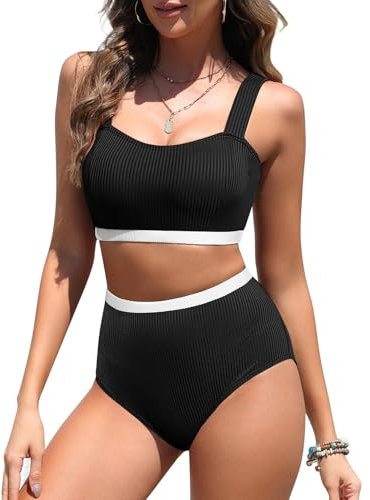 Tuopuda Badeanzug Damen Bauchweg Große Brüste Gepolstertes Bikinioberteil mit Bikinihose Sport-Schwimmanzug Sexy Badeanzüge Sport, Schwarz + Weiß, XL