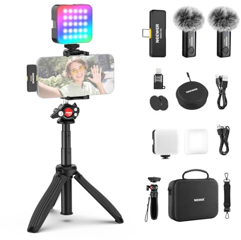 NEEWER Vlogging Set für Handy mit RGB LED Licht/Lavalier Funkmikrofon System/Mini Stativ/Handy Käfig Video Rig, Inhalt Ersteller Grundausstattung kompatibel mit iPhone Android Podcast YouTube, PA048