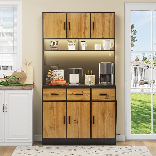 Kayan Küchenschrank Buffetschrank mit LED Sideboard für Küche mit Steckdosenleiste Küchenschrank mit Arbeitsplatte und 3 Schubladen Küchenbuffet mit Verstellbares Regal, 180x100x40 cm (Natur)