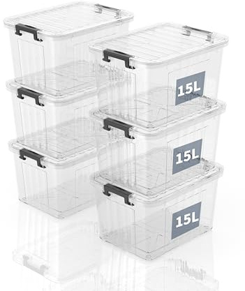 SpaceXpert Aufbewahrungsboxen mit Deckeln, Aufbewahrungsbox, Kunststoff - Aufbewahrungslösungen für Zuhause, Büro und Schule, Ordnungsboxen, Einschachtelbar und Stapelbar, Transparent, 15L(6er Set)