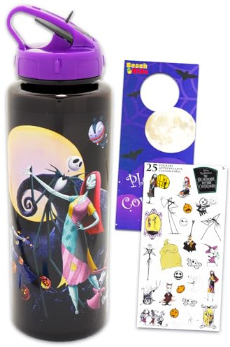 Disney The Nightmare Before Christmas Reusable Water Bottle Set Bundle Plastic Water Bottle with Spout for Home, School, Sports Plus Sticker, and More | Jack Skellington Container