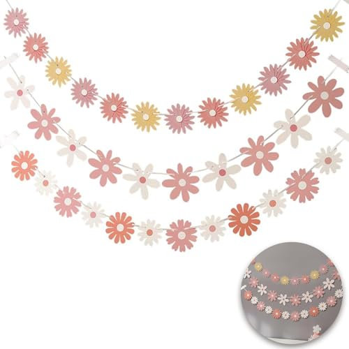 AzureRay Lot de 3 Bannières de Marguerites, Décoration d'anniversaire Bohème avec Fleurs en Papier Rose - pour Fêtes d'enfants, Chambres de Filles, Couronnes de Marguerites et Guirlandes