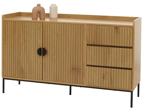 Mendler Sideboard HWC-O39 Holz Melamin 80x130x42cm - Natur | Kommode, Schrank, Anrichte, 3 Schubladen, 2 Türen