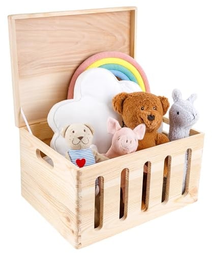 Creative Deco XXL Large Plain Wooden Storage Box | 40 x 30 x 24 cm (+/-1 | cm) | with Cut Slots & Hinged Lid | Unpainted Gift Easter Box | ROUGH & UNSANDED Wood Keepsake Memory Craft Chest
