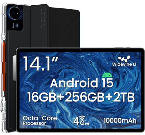 14 Inch Android 15 Tablet, 16GB RAM+256GB ROM, 1920x1200 FHD IPS Display | Widevine L1, 10000mAh Battery, 4G LTE, Wi-Fi & Bluetooth 5.0,Multi-Angle Stand Case & Stylus Pen,6ft Type-C Cable(Space Gray)