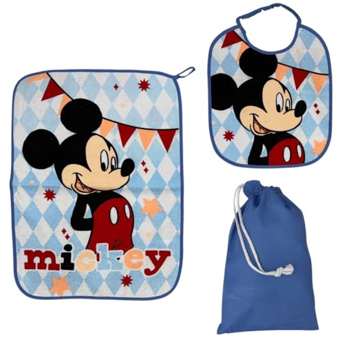 CARTOON Juego de guardería de 3 piezas, babero y mantel con reverso plastificado, bolsa, juego completo para el almuerzo