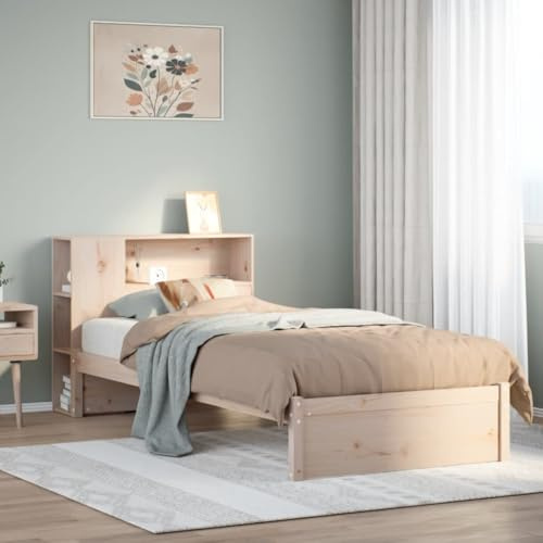 LoogCape Massivholzbett mit Regal, 90x200 cm Kiefernholz, unbehandeltes Bettgestell mit Lattenrost, Stauraum Kopfteil für Bücher, Schlafzimmer Möbel