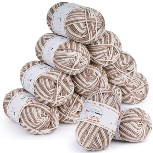 Aeelike Farbverlauf Häkelgarn, Acrylic Häkelgarn zum Stricken, Hellkhaki | 12 X 50g Häkel Wolle Set für Anfänger, 5ply Babywolle zum Stricken Mehrfarbig, Strickwolle Dickes Farbverlaufgarn