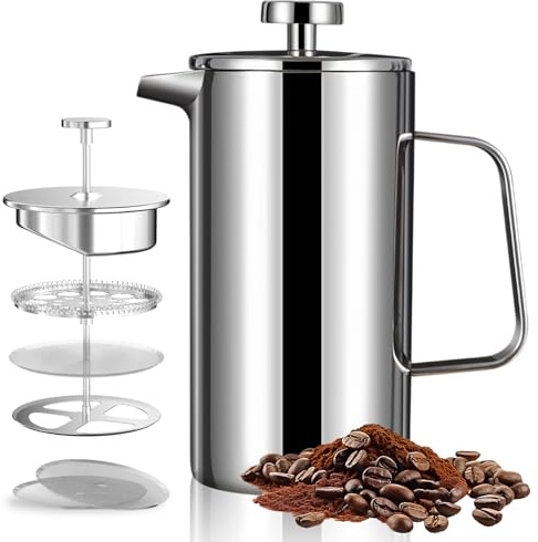 MEETOZ French Press,350ml Cup Double Walled Insulated Coffee Press,Stainless Steel Plunger Coffee & Tea Maker, for Ground Coffee at Home Travel Large Caffettiera Gift Set Silvery