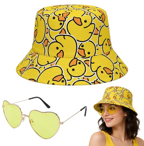Crunier Enten Reversibler Fischerhut, Verpackbarer Sommer Bucket Hat | Gelbe Herzbrille Als Zubehör, Geeignet Für Strand, Outdoor, Kinder, Damen Und Herren