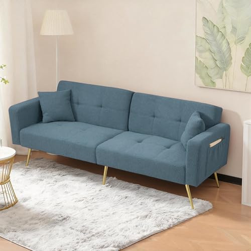 Merax Schlafsofa 2-Sitzer Sofa mit Schlaffunktion, Klappsofa mit unabhängig verstellbaren Doppelrückenlehnen - Sofabett aus Sherpa-Stoff, für Wohnzimmer/Schlafzimmer/Gästezimmer, Antikblau
