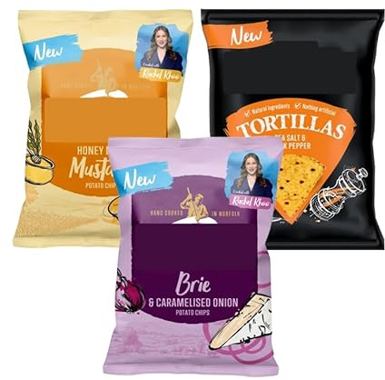 Brie and Caramelised Onion Crisps, Honey & Dijon Mustard Crisps, Tortilla Sea Salt & Cracked Black Pepper 140g, Pack of 3, Hand Cooked, British Potatoes, 130g
