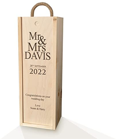 Personalised Wooden Wine Gift Box for Wedding, Anniversary, Special Occasion - 'Mr & Mrs'. Lined with Woodwool