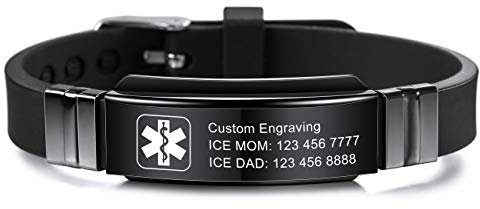 MOWOM Medical Bracciale Personalizzato con Incisione in Silicone Regolabile identificativo Sportivo identificativo per Uomo Donna Bambini Acciaio Inossidabile (Nero, *Personalizza Ora*)