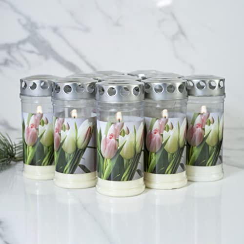 10er Set HOFER GRABKERZEN 4 Tage Brenndauer - Das Original [Tulpe] Trauerkerzen mit Deckel | Grablicht, Friedhofskerze mit Motiv | Kerzen für Grabdeko und Grabschmuck