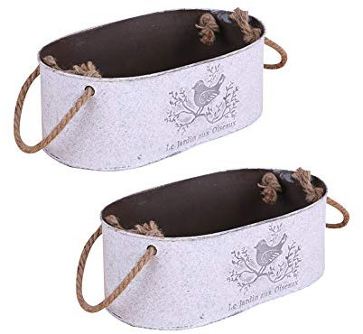 FJROnline - Pots de fleurs en métal vintage ovales, 2 pièces, 22 x 12 x 8,5 cm, pour intérieur et extérieur, décoration de balcon