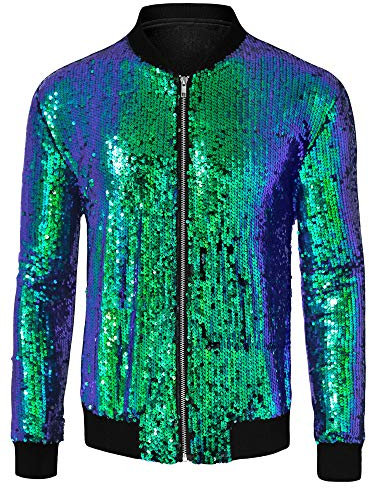 Lars Amadeus Herren Varsity Jacke Halloween Party Disco Glänzende Glitzer Pailletten Bomberjacke Grün L