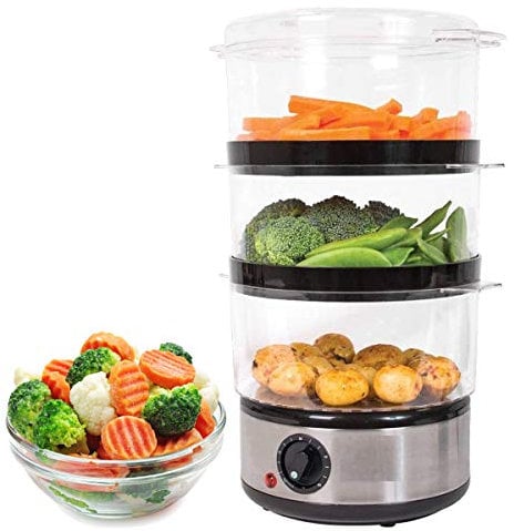 Almineez Electric 3 Tier Food Steamer Multi Steam Cooker - 6L - 3 Removable Stacking Baskets With Rice Bowl & 60 Minute Timer - Healthy Kitchen Cooking - Vegetables Dumpling Meats Fish Meal- 400W