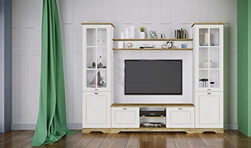 ARREDO DA CASA Parete Attrezzata Soggiorno 2 Vetrine 2 Mensole 2 Sportelli Arredamento Soggiorno Mobile per TV Bianco e Rovere SILL
