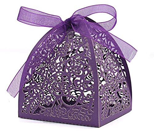 Auto-plaza 50 scatole per bomboniere con taglio laser fai da te per matrimoni, compleanni, caramelle, con nastri (viola)