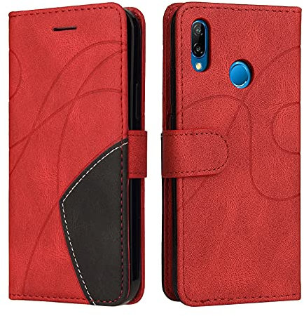 Fatcatparadise Cover per Huawei P20 Lite/Nova 3E, Flip Caso in PU Pelle Case Cover Libro Portafoglio Protettiva Custodia con TPU Sottile Antiurto,[Kickstand][Slot per Schede][Magnetica] (Rosso)