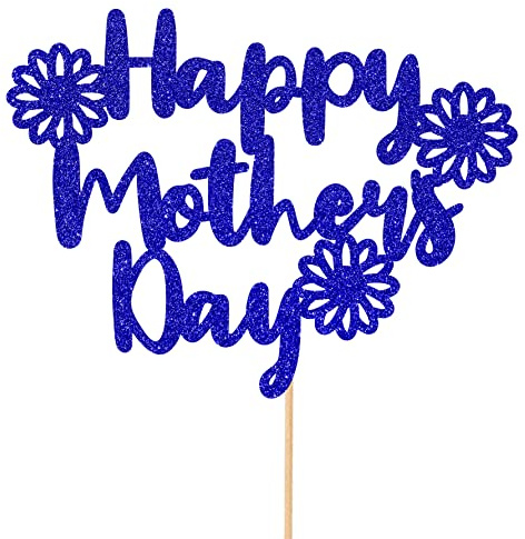 Cakeshop Mothers Day Glitter Cake Topper, Mothers Day Cake Topper Decoration Happy Mothers Day Flowers - Double Sided 400gsm Glitter Card, Choice 14 of Colours and Loads of Styles | Blue