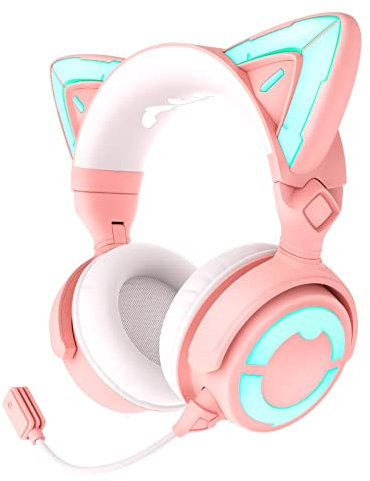 YOWU RGB Cat Ear Headphone 4, Upgraded Wireless & Wired Gaming Headset with Attachable HD Microphone -Active Noise Reduction, Dual-Channel Stereo & Customizable Lighting and Effect via APP (Pink)
