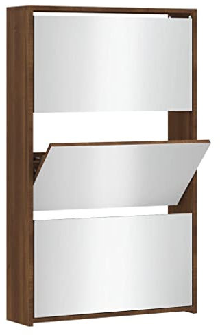 vidaXL Schuhschrank mit Spiegel 3 Fächer Schuhablage Schuhregal Schuhständer Schuhaufbewahrung Schuhkipper Schuhkommode Braun Eichen-Optik 63x17x102,5cm