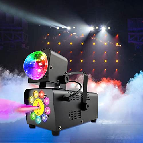 Nebelmaschine mit Disco Ball Lichter 9 LED 500W Rauchmaschine Halloween Weihnachtsstimmung Lampe mit drahtloser Fernbedienung, 12 farben