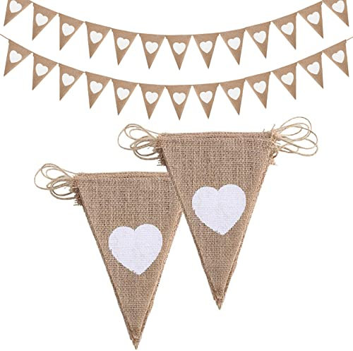 FINDIR 2er Wimpelkette Hochzeit Wimpeln Girlande Herz Leinen Vintage Girlande Jute Bunting Banner Deko Wimpelgirlande für Innen Draußen Hochzeitszeremonie Brautdusche Junggesellinnenabschied 2.8m