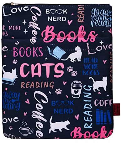 Custodia protettiva per libri con cerniera, dimensioni: 28 x 21,9 cm, in tessuto lavabile, motivo Cat, Books, Coffee