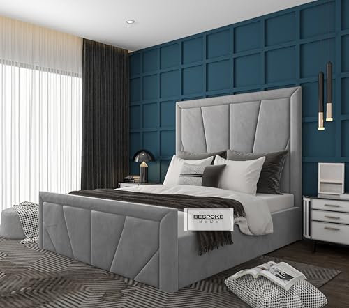 Upholstered Panel Double Bed Frame - Plush Velvet Bed Frame with High Headboard - Mattress not Included - Wooden Slat Support (Grey Plush Velvet, 5FT KING)